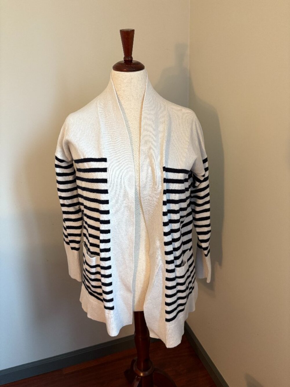 LOFT White & Navy Striped Open Front Cardigan Sweater Women’s Medium